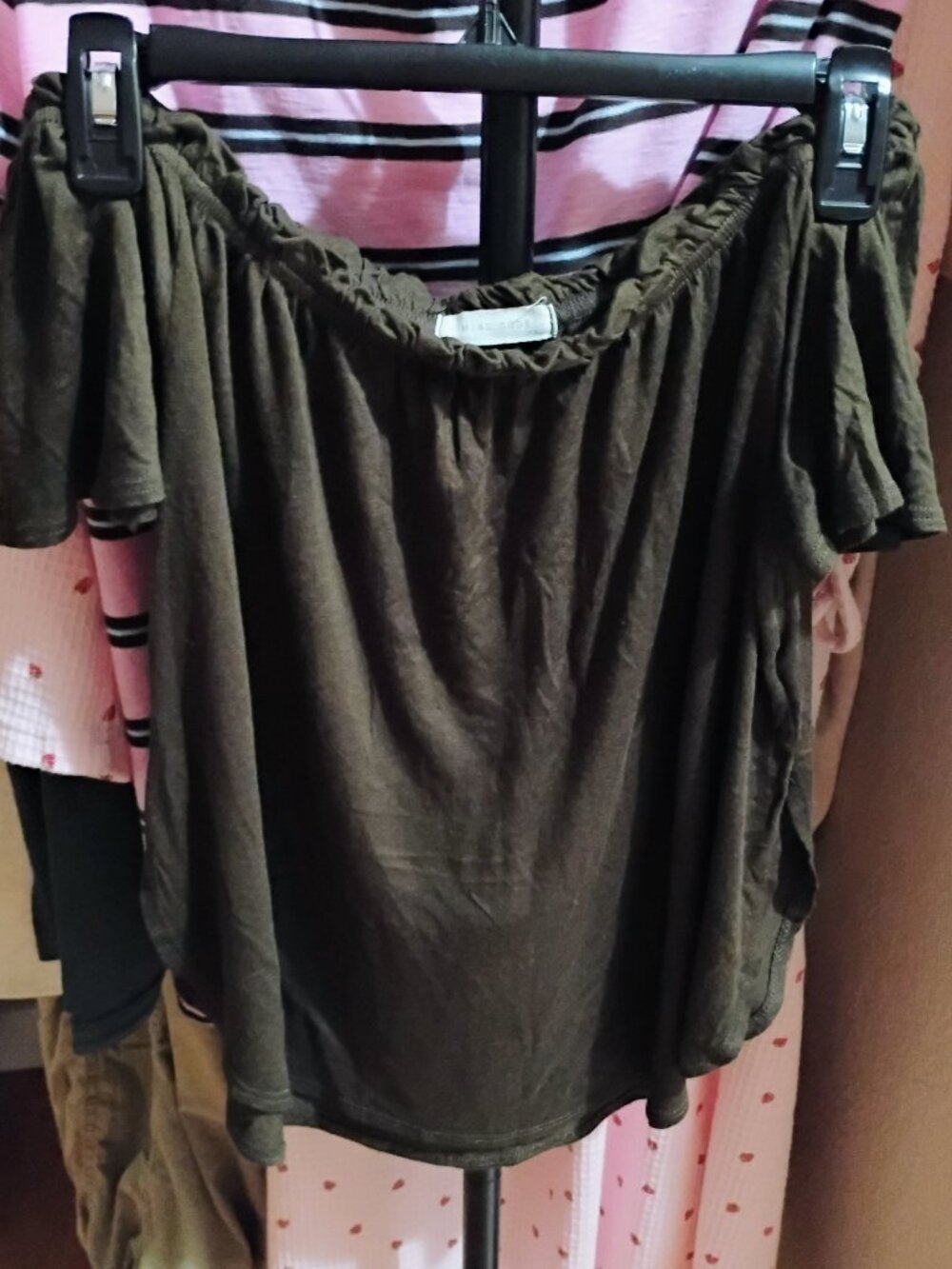 Army Green cropped off shoulder blouse w side slits